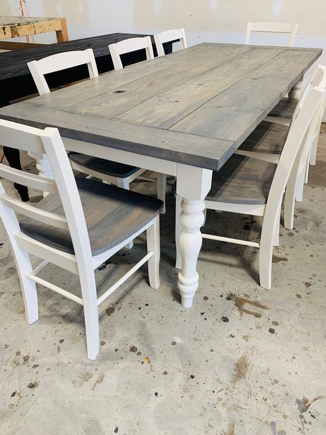 7ft Rustic Farmhouse Table with Turned Legs, Chair Set Classic Gray Top and Antique White Base, Wooden Dining Table Dining Table Color Ideas, Grey Kitchen Table, Farmhouse Style Kitchen Table, Farmhouse Dining Table Set, Farmhouse Style Dining Table, Kitchen Table And Chairs, Farmhouse Table Setting, Farmhouse Table With Bench, Rustic Kitchen Tables