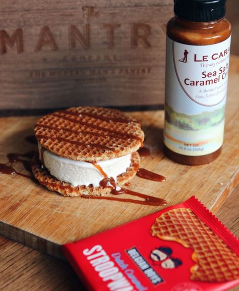 Stroopwafel & Sea Salt Caramel Ice Cream Sandwich Recipe ft. @BelgianBoys & @lecaramel - Give the everyday Ice Cream Sandwich a European upgrade with chewy stroopwafels instead of cookies and a squeeze of indulgence French sea salt caramel. Dessert of the week is just 2 minutes away... Today Get An Extra 10% Off With Code: CRATE10 Ice Cream Sandwich Recipe, Caramel Dessert, Ice Cream Sandwiches Recipe, Mobile Coffee Shop, Salted Caramel Ice Cream, Caramel Ice Cream, Caramel Creams, Sea Salt Caramel, Cream Sandwich