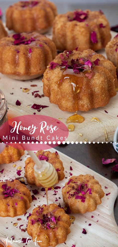 Rose Tea Cake, Bohemian Cupcakes Ideas, Vegan Mini Bundt Cakes, Mini Honey Cakes, Rose Flavored Cake, Rose Flavored Desserts, Fancy Baked Goods, Mini Cakes Recipes, Mini Baked Goods