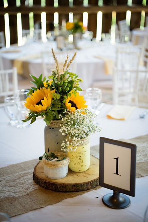 A rustic chic wedding with HRM Photography | Nicole & Mike - TheWeddingRing.ca Sunflower Centerpieces Wedding, Sunflower Wedding Centerpieces, Summertime Wedding, Sunflower Centerpieces, Beautiful Wedding Flowers, Wedding Reception Centerpieces, Sunflower Bouquets, Wedding Centerpieces Diy, Rustic Chic Wedding