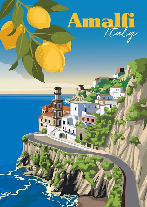 Amalfi is a town and commune in the province of Salerno, in the region of Campania, Italy, on the Gulf of Salerno. It lies at the mouth of a deep ravine, at the foot of Monte Cerreto (1,315 metres, 4,314 feet), surrounded by dramatic cliffs and coastal scenery. The town of Amalfi was the capital of the maritime republic known as the Duchy of Amalfi, an important trading power in the Mediterranean between 839 and around 1200. In the 1920s and 1930s, Amalfi was a popular holiday destination for th Italy Travel Poster, Amalfi Italy, Travel Poster, Amalfi, Italy Travel, Italy, Orange, Water, Travel