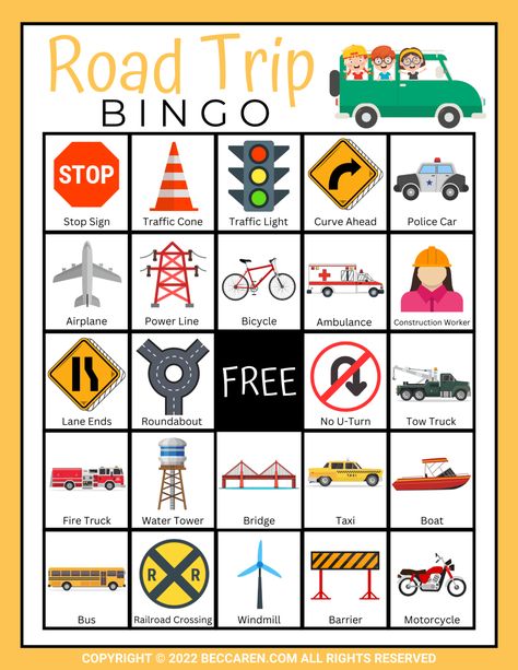 12 Free Printable Road Trip Bingo Cards - Car Bingo Free Printable, Road Trip Bingo Printable Free Prints, Road Trip Printables For Kids, Family Car Ride, Free Road Trip Printables, Car Bingo, Road Trip Scavenger Hunt, Road Trip Printables, Travel Bingo