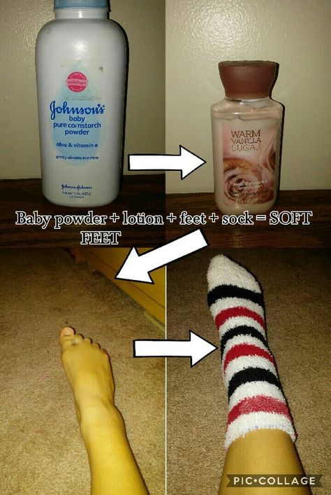 Baby powder + lotion + feet + sock = SOFT FEET😀😀😀😀😀😀 Feet Glow Up, Softer Feet Tips, How To Get Soft Feet Tips, How To Have Soft Feet Overnight, Feet Care Products, How To Make Feet Smaller, How To Get Soft Feet Overnight, Soft Feet Care Routine, Soft Feet Remedy At Home