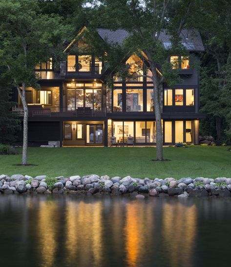 Lakeside Mountain Modern — Alexander Design Group Contemporary Lake House, Lake Houses Exterior, Lake Minnetonka, Modern Lake House, Lake House Plans, Lakefront Homes, Mountain Modern, Rustic Contemporary, Inviting Home