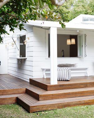 Louvre Windows, White Shutters, Three Birds Renovations, Alfresco Area, Three Birds, Beach Shack, Front Porch Ideas, Built In Bench, Outdoor Porch