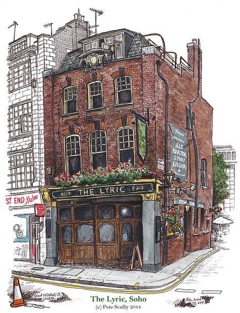 The Lyric, Soho | by petescully Canvas Painting For Beginners, San Myshuno, City Sketch, Building Sketch, Arte Peculiar, Canvas For Beginners, Watercolor Architecture, Building Illustration, Canvas Painting Ideas