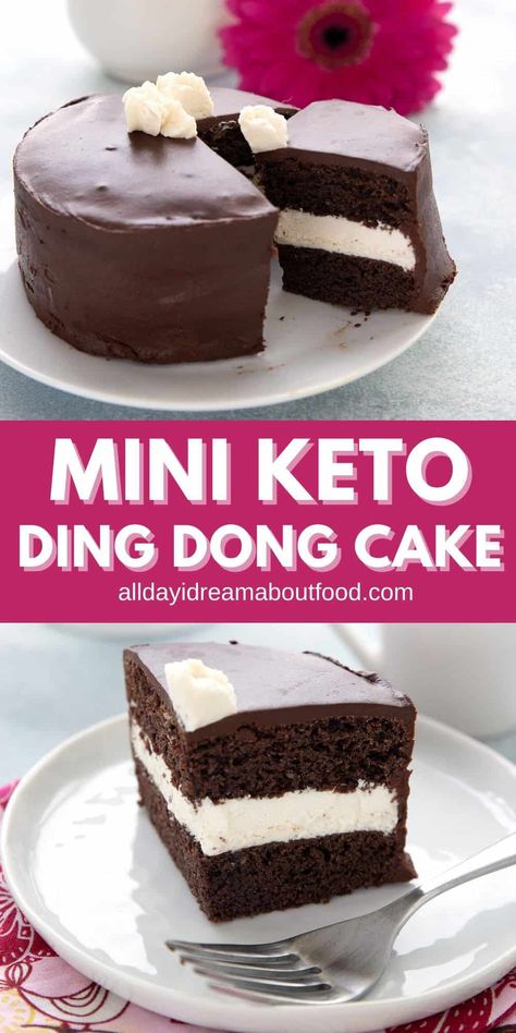 This Mini Keto Ding Dong Cake is a fun sugar-free treat to satisfy those chocolate cravings. It's easy to make and serves just two to four people. Perfect portion control! Ding Dong Cake, Sugar Free Treats, Low Carb Cake, Postre Keto, Thm Desserts, Keto Friendly Desserts, Keto Cake, Diet Meals, Keto Dessert Easy