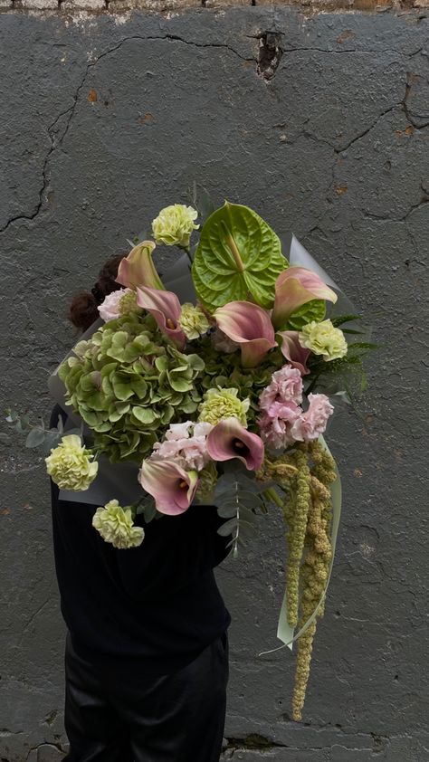 Eco Friendly Bouquet, Calla Lily Hydrangea Bouquet, Pink Anthurium Bouquet, Eclectic Floral Arrangement, Interesting Flower Arrangements, Orchid Purple Aesthetic, Cube Floral Arrangements, Green Bouquet Aesthetic, Lily Flower Bouquet Aesthetic