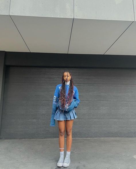 Tall Girl Outfits Aesthetic, Blue Outfit Black Women, Blue Crewneck Outfit, Mini Skirt Poses, Feminine Outfits Black Women, Blue Jumper Outfit, Blue Mini Skirt Outfit, Trolls Oc, Blue Shoes Outfit