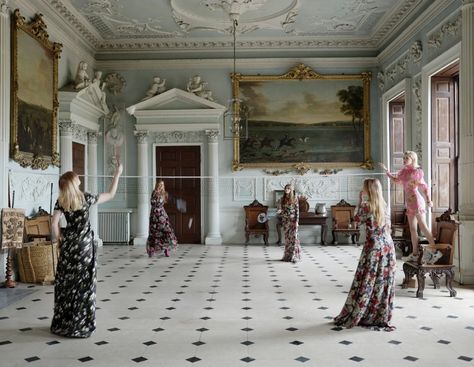 The duke’s and duchess’s daughters and nieces in the North Hall, Romy Somerset (in Anna Mason); Bella Somerset (in Erdem); Ella Carr (in Erdem); Rose Somerset (in Erdem); and Hope Coke (in Alessandra Rich).Photographed by Simon Upton, Vogue, December 2019 Badminton House, English Estate, English Manor Houses, Still Picture, English Manor, Paris Apartments, Pearl Harbor, Small Dining, Country Estate