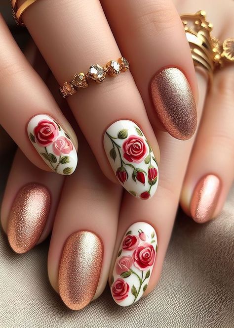 Transform your nails into a garden of delight with these white peach and red rose nail art ideas. The soft hues and vibrant roses create a charming and sophisticated look. Red Roses Nails, Red Rose Nails, Red Rose Nail Art, Vintage Rose Nails, Roses Nails, Peach Nail Art, Rose Nail Design, Old Nail Polish, Peach Nails