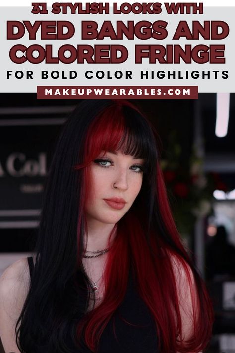 Dyed Bangs: A Bold Colored Fringe for a Unique Look Widows Peak Bangs, Edgy Bangs, Colored Bangs, Dyed Bangs, Red Hair With Bangs, Red Bangs, Pink And Black Hair, Cute Pixie Cuts, Bangs Hairstyle