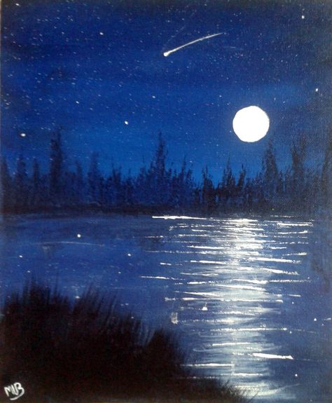 Night Time Ocean Painting, Night Scenery Watercolor Painting, Acrylic Painting Night Sky Moonlight, Night Time Scenery Painting, Ocean Scenery Paintings, Night Time Sky Painting, Painting Ideas Moon Night Skies, Night Time Landscape Paintings, Lake At Night Painting