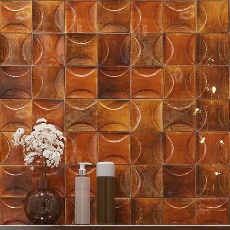 Tiled Range Hood, Red Tile Kitchen, Terra Cotta Backsplash, Tuscan Kitchen Backsplash, Textured Accent Wall, Patterned Backsplash, Modern Bars, Glass Pool Tile, Square Mosaic Tile