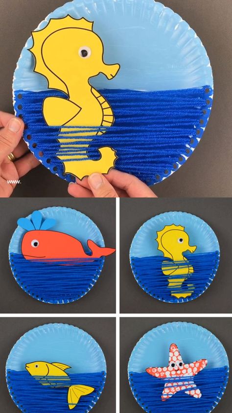 A yarn and paper plate ocean craft for kids to make this summer. An interactive sea craft for preschoolers and older kids with ocean animals: seahorse, star fish, fish and whale. Printable template available. #oceancraftkids #seacraftkids #oceananimals #oceancraft Kunst For Barn, Aktiviti Prasekolah, Plate Crafts For Kids, Ocean Craft, Kraftangan Prasekolah, مشروعات العلوم, Paper Plate Crafts For Kids, Aktiviti Kanak-kanak, Sea Crafts