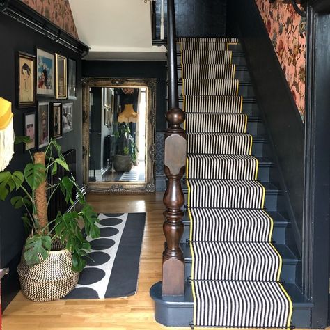 Black Painted Stairs, Dark Staircase, Stairs And Hallway Ideas, Fireplace Bellows, Stair Spindles, Black Stairs, Iron Front Door, Fence Toppers, Driveway Lighting