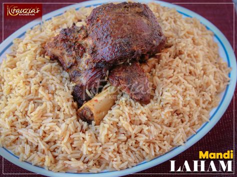 Laham Mandi (Meat Mandi) - Fauzia’s Kitchen Fun Mandi Recipe, Mutton Meat, Middle East Food, Garlic Seeds, Ginger Powder, Rice Side, Mutton Recipes, Lamb Dishes, Chicken Biryani