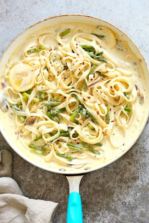 Vegan Lemon Asparagus Pasta - 30 mins - Vegan Richa Tofu Cream Sauce, Vegan Asparagus Recipes, Lemon Vegan, Lemon Asparagus Pasta, Garlic Asparagus, Lemon Cream Sauces, Lemon Asparagus, Vegan Richa, Steamed Cauliflower