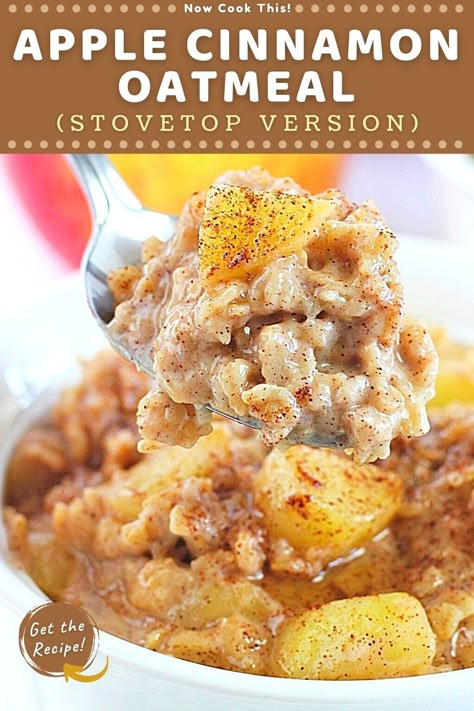 This easy apple cinnamon oatmeal is made on the stovetop and is creamy, lightly sweet and cinnamon-y, and loaded with chunks of cooked fresh apples. It’s the perfect warm fall breakfast, and it'll fill you up until lunchtime. You can also make it ahead, so it's great for meal prepping. Get the recipe and try it! Apple Oatmeal Recipes Breakfast, Homemade Apple Oatmeal, Stovetop Oatmeal Recipes Breakfast, Apple Oat Breakfast, Apples And Cinnamon Stovetop, Apple Oatmeal Stovetop, Homemade Apple Cinnamon Oatmeal, Breakfast Ideas Oatmeal, Apple Cinnamon Oatmeal Stovetop