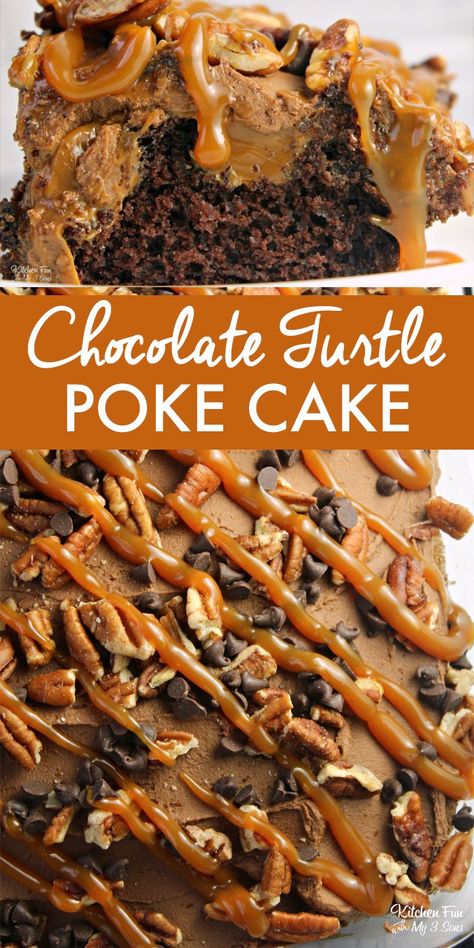 Turtle Poke Cake Recipe, Chocolate Turtle Poke Cake, Turtle Poke Cake, Turtle Dessert, Chocolate Buttercream Frosting Recipe, Super Moist Chocolate Cake, Pudding Cakes, Chocolate Turtle, Strawberry Poke Cakes