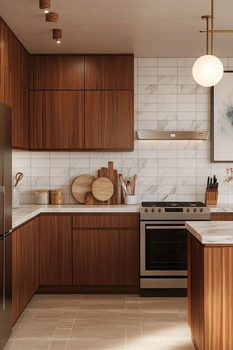 Walnut Mid Century Kitchen, Maple Cognac Kitchen Cabinets, White Midcentury Kitchen, Kitchen Design Mid Century Modern, Boho Mid Century Modern Kitchen, Mid Century Modern Tiles, Mcm Kitchen Backsplash, Mid Century Kitchen Backsplash, Midcentury Kitchen Ideas