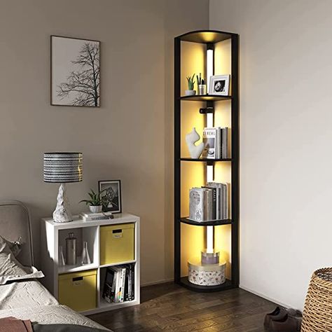 🌟【Multifunctional Corner Storage Shelf】5-Tier corner bookshelf with lights, each tier is strong enough to afford 30 lbs weight, 15.75 in between each layer, you can put TV remotes, mobile phones, vases, photo frames, plants, books, collectibles or any other decorations on it, can increase decoration, but also increase storage space, small and convenient. This corner shelf stand is perfect for living room, bedroom, reading room, office, library, kitchen, cafe, hotel, restaurant and more. 🌟【Upgr Corner Table Bedroom, Corner Display Cabinet Modern, Bedroom Corner Shelves Ideas, Corner Shelves In Living Room, Tv Unit With Book Shelf Modern, Wall Shelves Design Living Room, Living Room Bookshelves Decor, Small Corner Decorating Ideas, Corner Cabinet Ideas Living Room