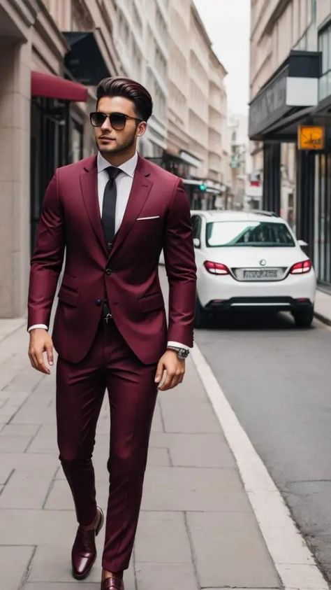 maroon suit Dark Red Wedding Suit, Maroon Suit Men, Dark Red Suit Men, Grooms Tux, Dark Red Suit, Coat Pant For Men, Creative Black Tie, Burgundy Tuxedo, Maroon Suit