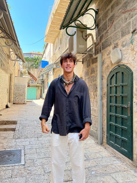 Greece Man Aesthetic, Mykonos Outfit Summer Men, Europe Aesthetic Outfit Men, Greece Outfit Aesthetic Men, Mens Summer Outfits Europe, Greece Guys Outfit, Man Greece Outfit, Analog Coast Outfits, South Of France Men Outfits