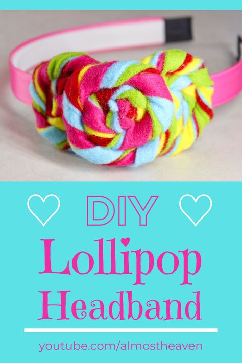 Candy headband - DIY tutorial on how to make a felt lollipop headband. This sweet, felt headband is perfect for a lollipop birthday party, candyland party, lollipop costume or just for fun. It is super cute and super fun to make! Everyone from little girls to tweens to grown ups and teens, will love this girls party headband. Candy Headband Diy, Diy Candy Costume For Kids, Diy Lollipop Costume, Candy Land Costumes Women Diy, Diy Candyland Costume, Candy Land Costumes Women, Candyland Costume Diy, Candy Costume Diy, Felt Lollipop