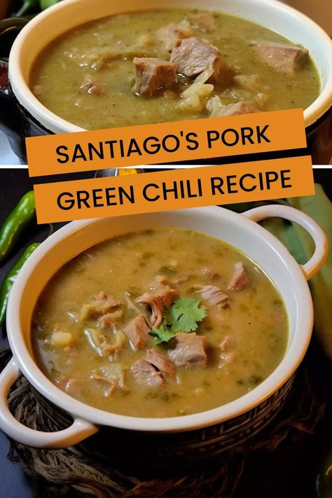 Spicy, savory, and delicious! Learn our tried-and-true pork green chili recipe. It's sure to become a favorite in your household! Pork Green Chile Colorado, Santiago’s Green Chili Recipe, Pork Green Chilli Recipes, Santiagos Green Chili Recipes, Pork Green Chile Stew, Mexican Green Chili Pork, Slow Cooker Pork Chili, Santiago Green Chili Recipe, 505 Green Chili Sauce Recipes