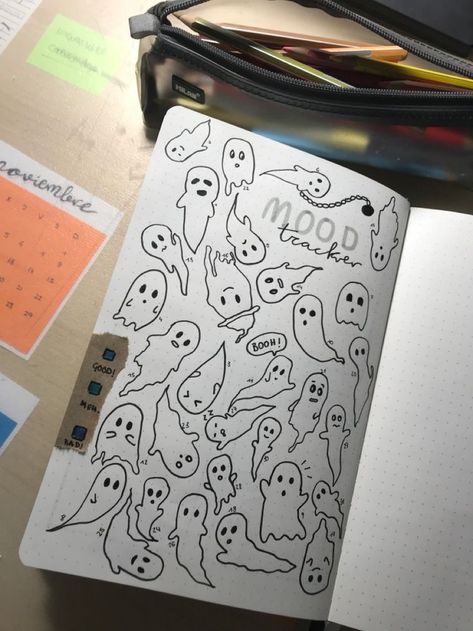 Ghost Mood Tracker, Ghost Bujo Theme, Junk Journal Halloween, Ghost Bullet Journal, Halloween Mood Tracker, Halloween Bujo, Ghost Journal, Gothic Planner, Journalism Aesthetic