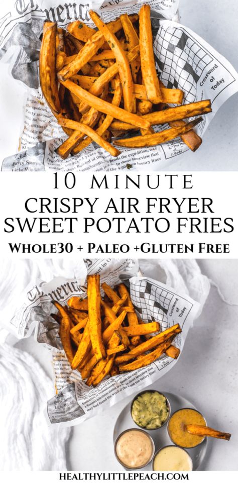 Crispy Air Fryer Sweet Potato Fries - Healthy Little Peach Sweet Potato Fry Dip, Fries Healthy, Vegan Quesadilla, Air Fryer Sweet Potato Fries, Frozen Sweet Potato Fries, Freeze Sweet Potatoes, Crispy Sweet Potato Fries, Crispy Sweet Potato, Air Fryer Dinner Recipes