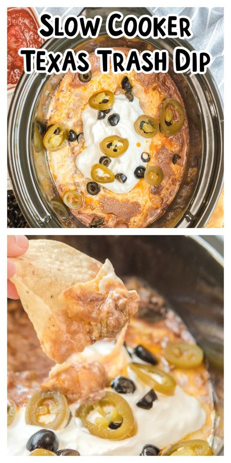 This Slow Cooker Texas Trash Beef and Bean Dip is extremely creamy and hearty, makes for the best game-day dip! #crockpot #gameday #beandip Crockpot Party Food, Texas Trash Dip, Dip Recipes Crockpot, Slow Cooker Dips, Texas Trash, Crock Pot Dips, Crockpot Appetizers, Dip Recipes Easy, Snack Dip