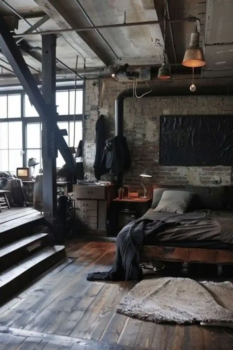 Mens Bedroom Ideas Masculine Interior Bedroom Room Designs, Masculine Bedroom Ideas, Brick Bathroom, Industrial Bedroom Design, Bedroom Ideas For Men, Men's Bedroom, Mens Bedroom Decor, Masculine Bedroom, Industrial Bedroom