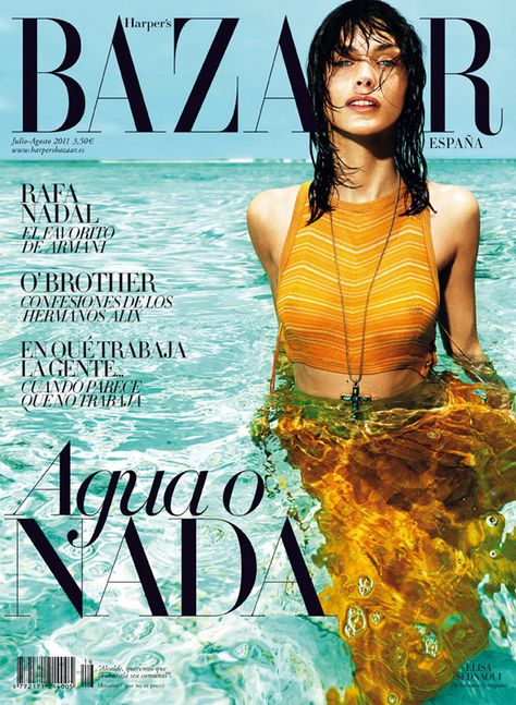 Elisa Sednaoui in Salvatore Ferragamo for Harper’s Bazaar Spain July/August 2011 (Cover) Harpers Bazaar Covers, Elisa Sednaoui, Harpers Bazaar Magazine, Bazaar Magazine, Vogue Magazine Covers, Fashion Magazine Cover, Fashion Cover, Vintage Swimwear, Beauty Shoot