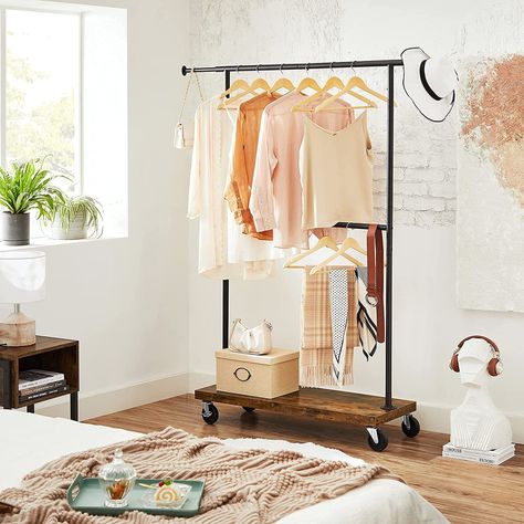 Double Clothes Rack, Basement Clothes Hanging, Mobile Clothes Rack, Industrial Hanging Rack, Dress Rack Ideas, Hanging Clothes Without A Closet, Clothing Rack Ideas, Clothes Rack Bedroom, Andys Room