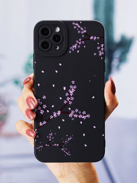 Black  Collar  TPU Floral Phone Cases Embellished   Phone/Pad Accessories Phone Cover Painting Black, Mobile Phone Cover Design, Aesthetic Phone Case Design, Black Phone Cover, Diy Crafts Phone Cases, Sparkly Phone Cases, Back Cover Design, Apple Iphone Accessories, Phone Covers Diy