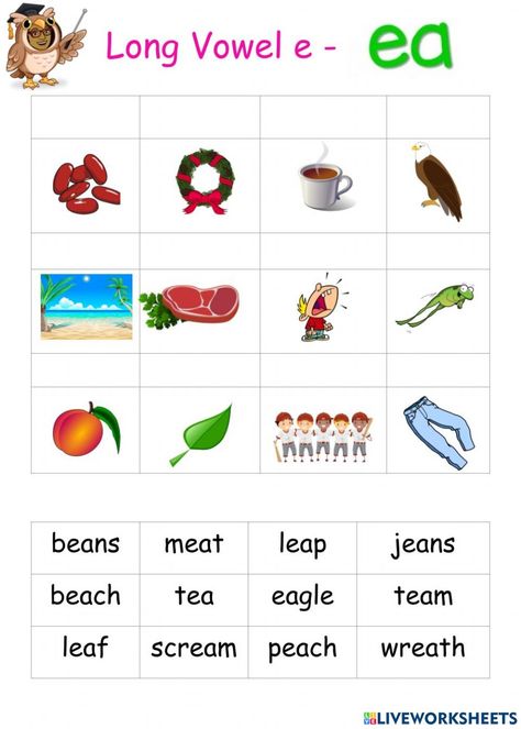 Long e vowel sound online worksheet for 1. You can do the exercises online or download the worksheet as pdf. Ea Phonics Worksheets, Long Sounds Worksheets, Long Vowel E Worksheets, Vowel E Worksheets, Long E Worksheets, Ea Worksheets, Long Vowel Sounds Worksheets, Vowel Teams Worksheets, Vowel Consonant