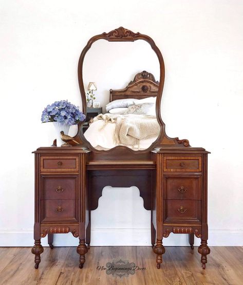 SOLD EXAMPLE I guarantee this vanity is sure to be the next heirloom in your family! This piece was restored to it's vintage glory. It's perfect for any age with ample storage having smooth dovetail drawers. I just love wooden casters and she still has them. Just look at her beautiful details and the curves on that mirror, I am still swooning over this piece! While she isn't perfect and she does have some beauty marks-but it happens with age. Let's face it, they just don't make 'em like this any Antique Vanity Table, Vanity Table Vintage, Mirror Dressing Table, Vanity Tables, Vanity With Mirror, Mirror Dressing, Dressing Table Vanity, Vintage Dressing Tables, Furniture Vanity