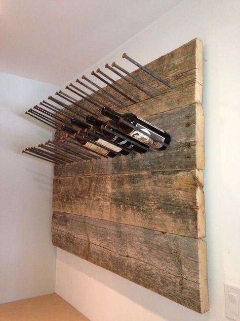 Wine Rack Wood Diy, Barnwood Wine Rack, Dumpster Furniture, Big Nails, Wine Storage Diy, Wine Rack Projects, Reclaimed Wood Wine Rack, Pallet Pool, Rustic Wine Racks