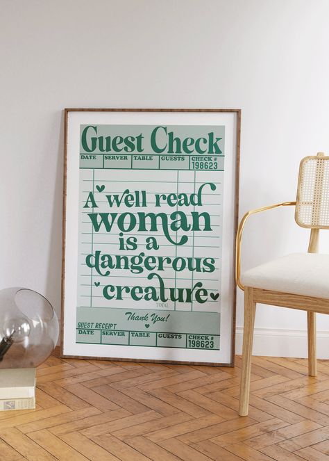 A well read woman Print | Guest Check Bookish Art Print | Preppy Wall Decor | Trendy Retro Book lover Art | Reader Art Print Reading Poster Wall Art For Book Lovers, Bookish Posters Art Prints, Bookish Posters, Bookish Prints, Well Read Woman, Bookish Wall Art, Preppy Wall Decor, Books Poster, Reading Poster