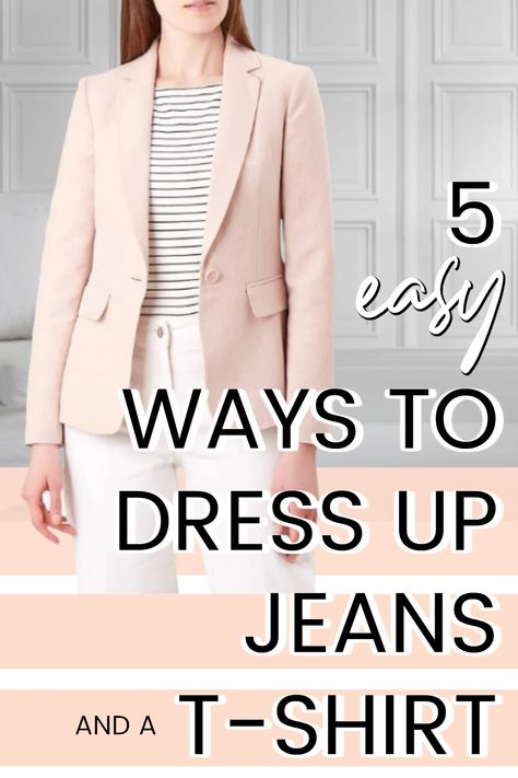 The T-shirt and jeans combo is a favourite go-to outfit for days when we just want to be comfortable but it's a very easy ensemble to dress up for the days when you want to be smarter too. Here are 5 easy ways to dress up  jeans and a T-shirt. #jeansoutfit #jeansandatshirt #fashionover40 How To Dress Up Jeans And Tshirt, How To Dress Up Jeans, Casual White Jeans Outfit, White Jeans Outfit Winter, How To Make Jeans, White Jeans Winter, Party Jeans, Jeans And T Shirt Outfit, Plain Jeans