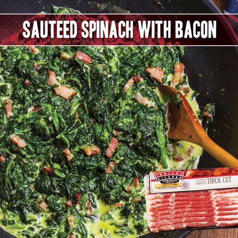 Sometimes, it's just a spoonful (or so) of bacon that helps the vegetables go down. Case in point: this (now) delicious version of sauteed spinach. Get recipe: https://indianakitchen.com/recipe/sauteed-bacon-with-spinach/ #MyBrandIsIndiana Sauteed Spinach With Bacon, Seasoned Spinach, Spinach With Bacon, Bbq Pork Tenderloin, Turkey Bacon Wrap, Pork Enchiladas, Peach Sauce, Bacon Seasoning, Pork Roast In Oven