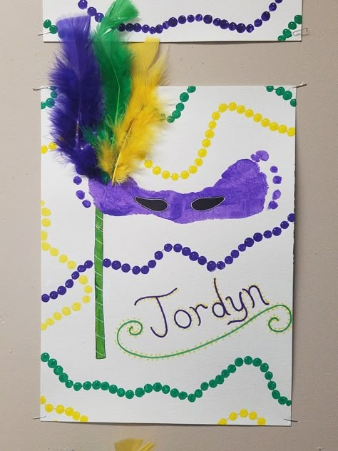 Mardi Gras Baby Crafts, Mardi Gras Lesson Plan For Toddlers, Mardi Gras Footprint Art, Mardi Gras Handprint Crafts, Mardi Gras Toddler Crafts, Mardi Gras Kids Crafts, Mardi Gras Preschool Activities, Mardi Gras Crafts For Kids Preschool, Mardi Gras Crafts For Toddlers