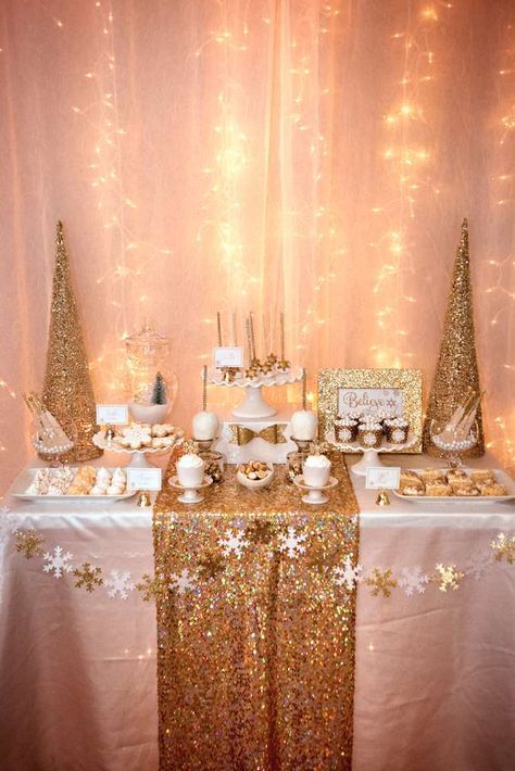 Gold Christmas party dessert table! See more party planning ideas at CatchMyParty.com! Christmas Party Dessert Table, Christmas Party Dessert, Gold Christmas Party, Christmas Desserts Party, Christmas Party Ideas For Teens, Elegant Christmas Party, Christmas Dessert Table, Adult Christmas Party, Chirstmas Decor