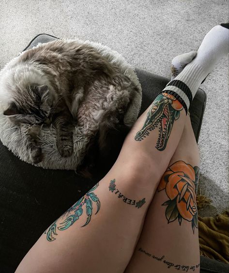 Crab Leg Tattoo, American Traditional Under Knee Tattoo, Name Above Knee Tattoo, Alligator Leg Tattoo, Knee Placement Tattoo, Leopard Slug Tattoo, Dog Hiking Tattoo, Gator Tattoo Cute, Patch Leg Sleeve Tattoo