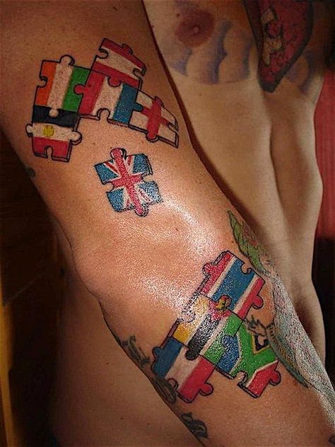 Puzzle Piece Tattoo Design, Flags Tattoo, Traveler Tattoos, Wanderlust Tattoos, Puzzle Piece Tattoo, Puzzle Tattoos, Tattoo On Arm, Matching Friend Tattoos, Awareness Tattoo