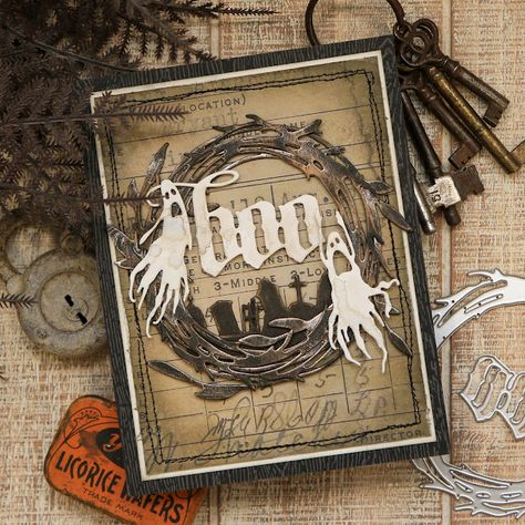 Tim Holtz Halloween 2024, Halloween Tags Ideas, Tim Holtz Vault 2024, Tim Holtz Halloween Cards, Tim Holtz Halloween, Tim Holtz Sizzix Dies, Crafts Fall, Scrapbook Diary, Tim Holtz Cards