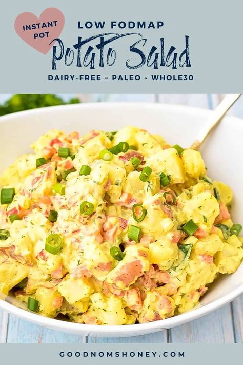 This healthy Low FODMAP Instant Pot Potato Salad boasts tender potatoes and crunchy veggies coated in a creamy, tangy dressing. The perfect #lowFODMAP #sidesalad for a #summer barbecue or Canada Day or 4th of July get-together. ~ Good Noms, Honey! ~ Low FODMAP Potato Salad ~ Low FODMAP Instant Pot Recipes ~ Low FODMAP Side Salad ~ Low FODMAP Summer Salad ~ Low FODMAP Summer Recipes ~ Low FODMAP Side Dish ~ Low FODMAP Potato Recipes ~ Low FODMAP Whole30 ~ Low FODMAP Dairy-Free Fodmap Salad, Instant Pot Potato Salad, Low Fodmap Recipes Dinner, Crunchy Veggies, Fodmap Diet Recipes, Bowl Recipes, Low Fodmap Diet, Low Fodmap Recipes, Fodmap Diet