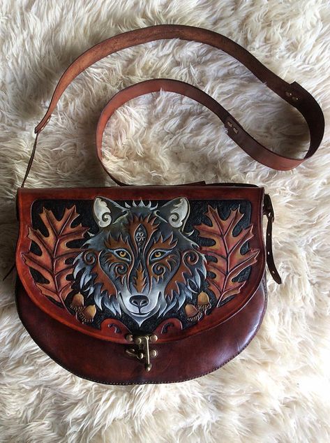 Leather Bags | Triba Mythica Leather Craft Leathercraft Ideas, Wolf Bag, Celtic Myth, Fox Bag, Costume Bags, Leather Working Patterns, Leather Patterns, Leather Crafting, Celtic Knotwork